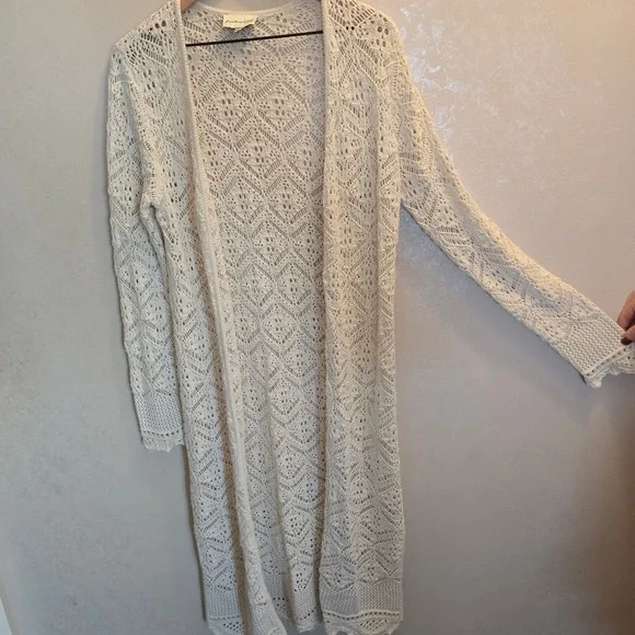 Freshman 1996 Ivory Crochet Knit Duster Cardigan Boho Longline Sweater - Size L - Picture 4 of 8